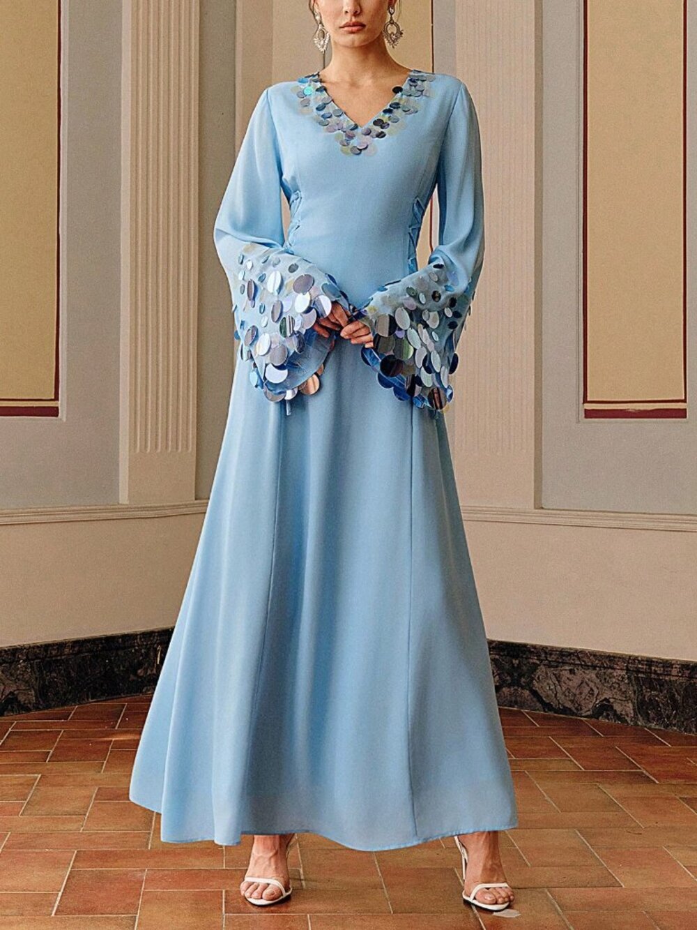 Blue Elegant Women's V-Neck Flare Sleeve sequin Embellished Dress